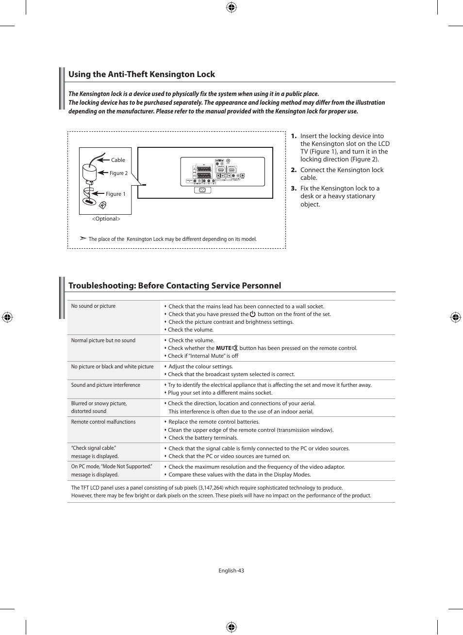 Recommendations for use, Using the anti-theft kensington lock | Samsung LE46F71B User Manual | Page 45 / 312