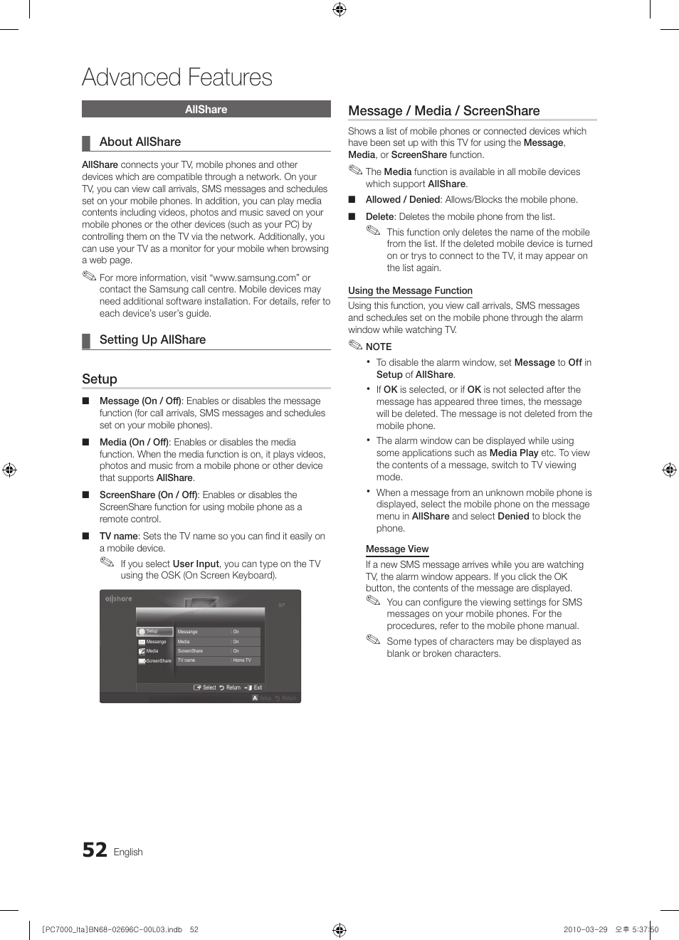 Advanced features, Setup, Message / media / screenshare | Samsung PS50C7000YP User Manual | Page 52 / 189