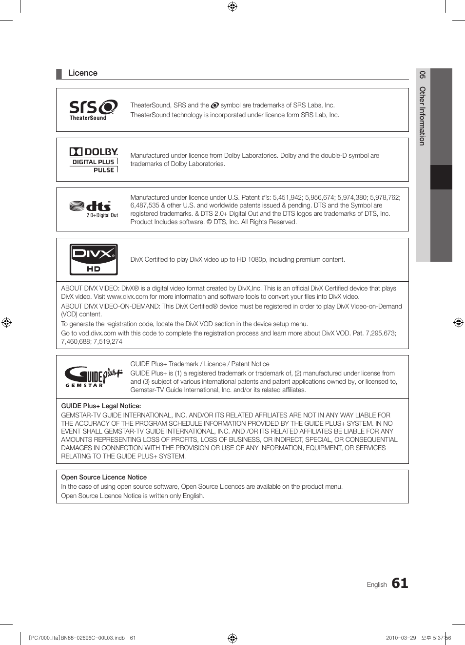Samsung PS50C7000YP User Manual | Page 61 / 189