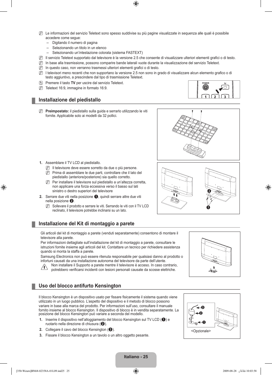 Installazione del piedistallo, Installazione del kit di montaggio a parete, Uso del blocco antifurto kensington | Samsung LE26B350F1W User Manual | Page 155 / 296