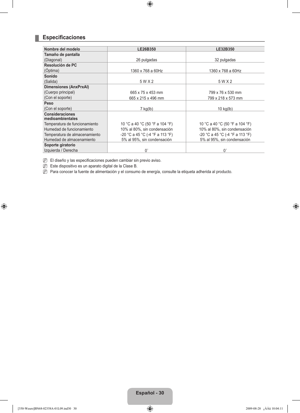 Especificaciones | Samsung LE26B350F1W User Manual | Page 192 / 296