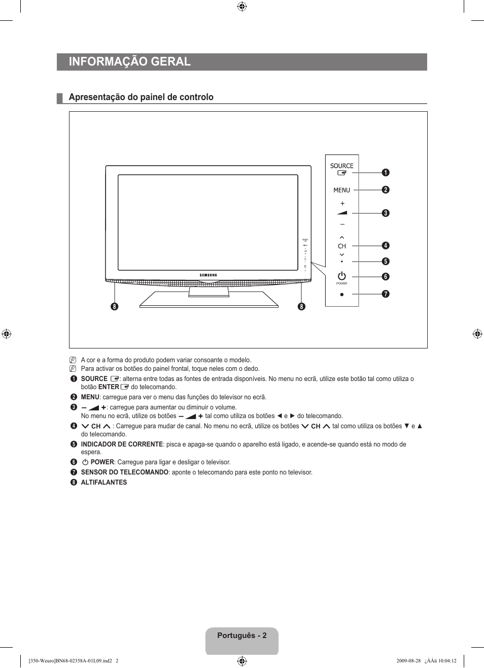 Informação geral, Apresentação do painel de controlo | Samsung LE26B350F1W User Manual | Page 196 / 296