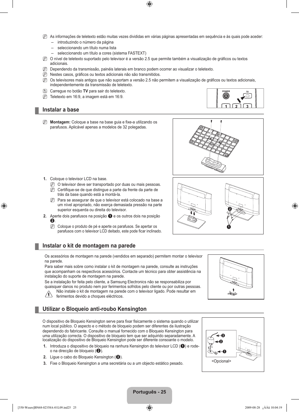 Instalar a base, Instalar o kit de montagem na parede, Utilizar o bloqueio anti-roubo kensington | Samsung LE26B350F1W User Manual | Page 219 / 296