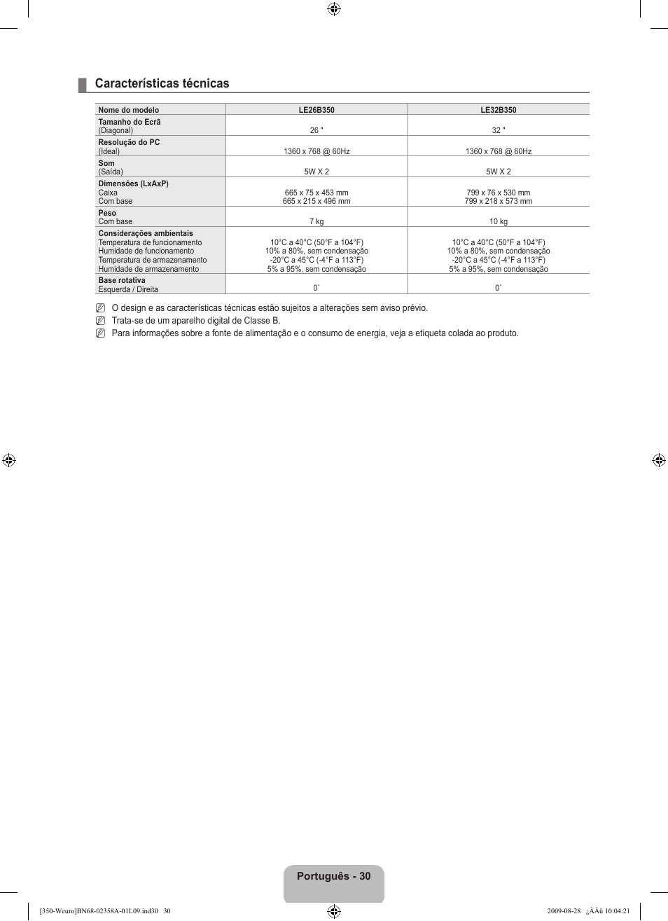 Características técnicas, Português - 30 | Samsung LE26B350F1W User Manual | Page 224 / 296