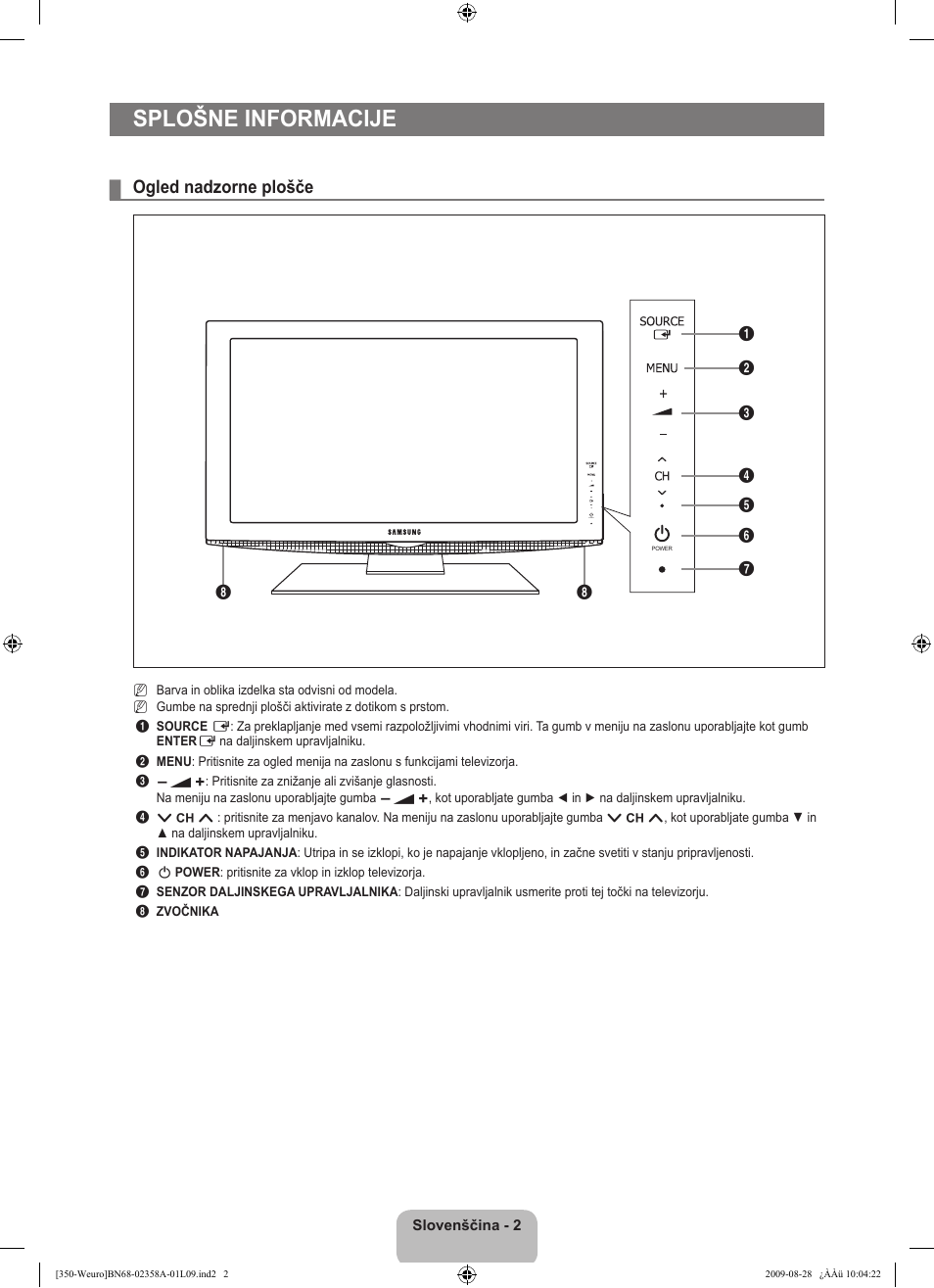 Splošne informacije, Ogled nadzorne plošče | Samsung LE26B350F1W User Manual | Page 228 / 296