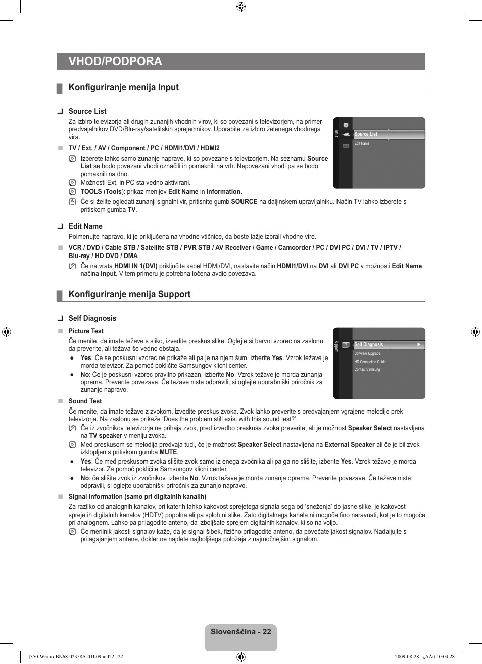 Vhod/podpora, Konfiguriranje menija input, Konfiguriranje menija support | Samsung LE26B350F1W User Manual | Page 248 / 296