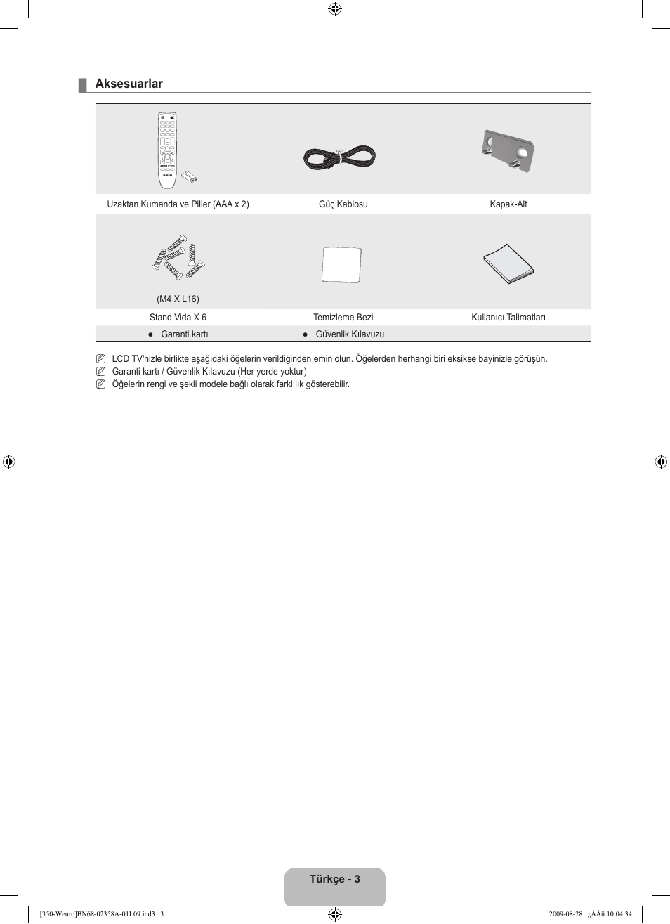 Aksesuarlar | Samsung LE26B350F1W User Manual | Page 261 / 296