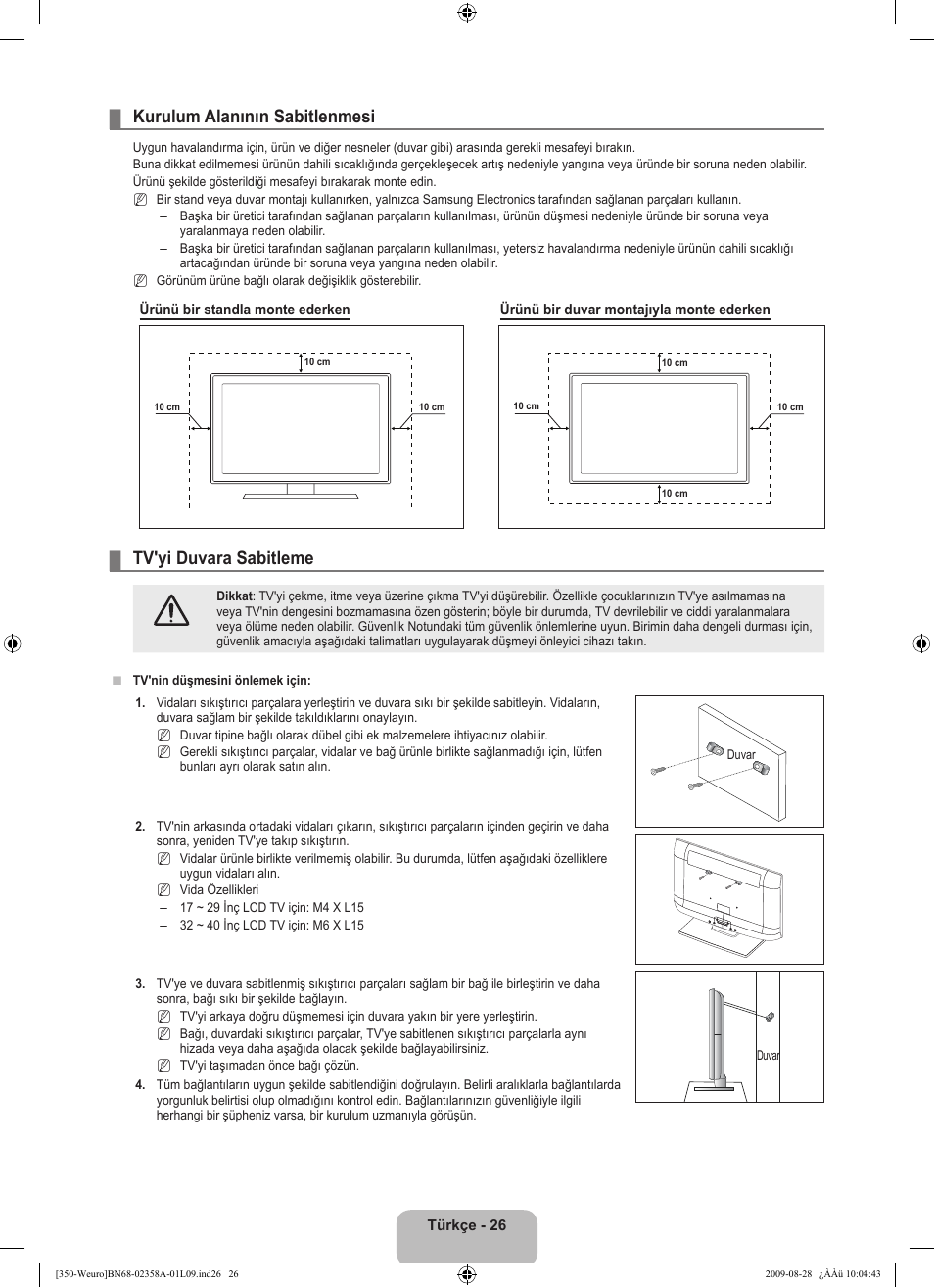 Kurulum alanının sabitlenmesi, Tv'yi duvara sabitleme | Samsung LE26B350F1W User Manual | Page 284 / 296