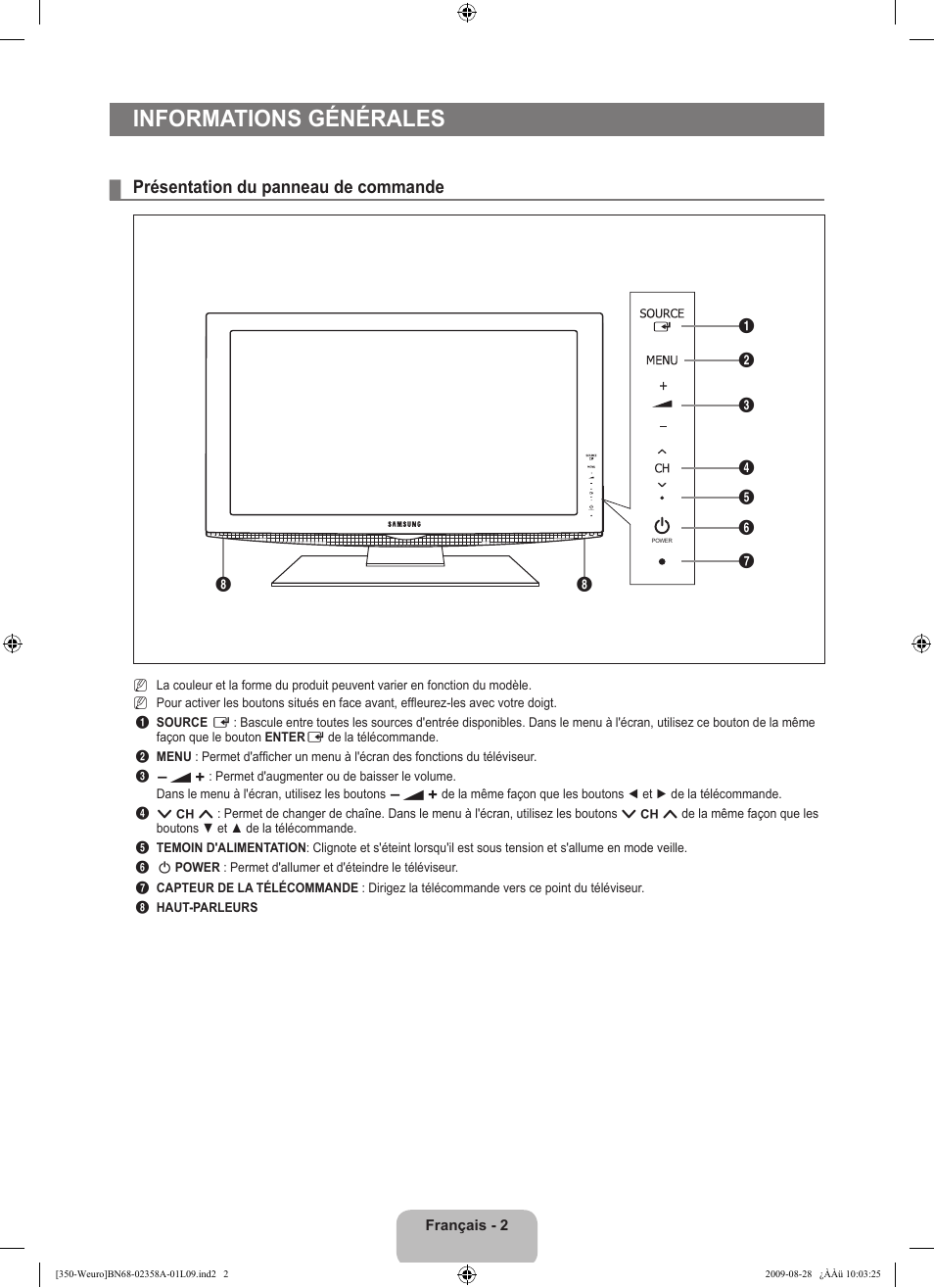 Informations générales, Présentation du panneau de commande | Samsung LE26B350F1W User Manual | Page 36 / 296