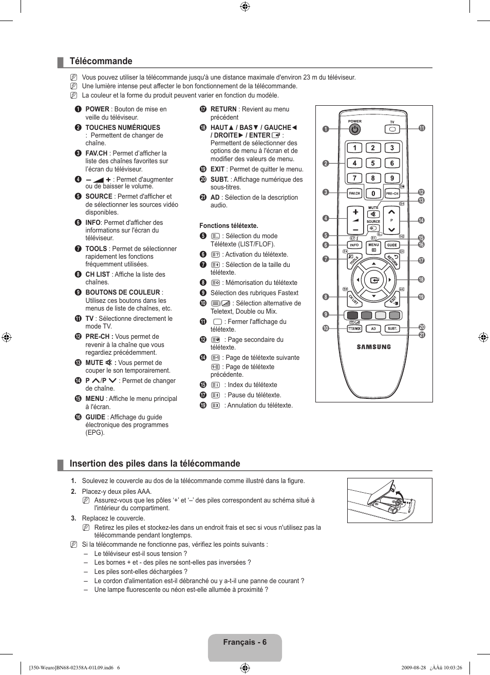 Télécommande, Insertion des piles dans la télécommande | Samsung LE26B350F1W User Manual | Page 40 / 296