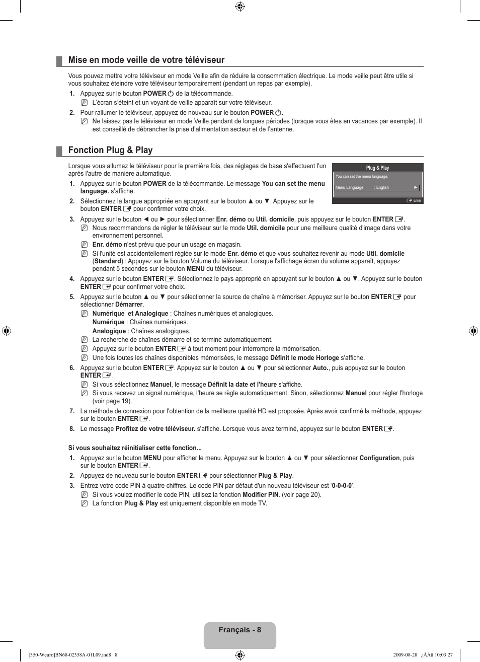 Mise en mode veille de votre téléviseur, Fonction plug & play | Samsung LE26B350F1W User Manual | Page 42 / 296