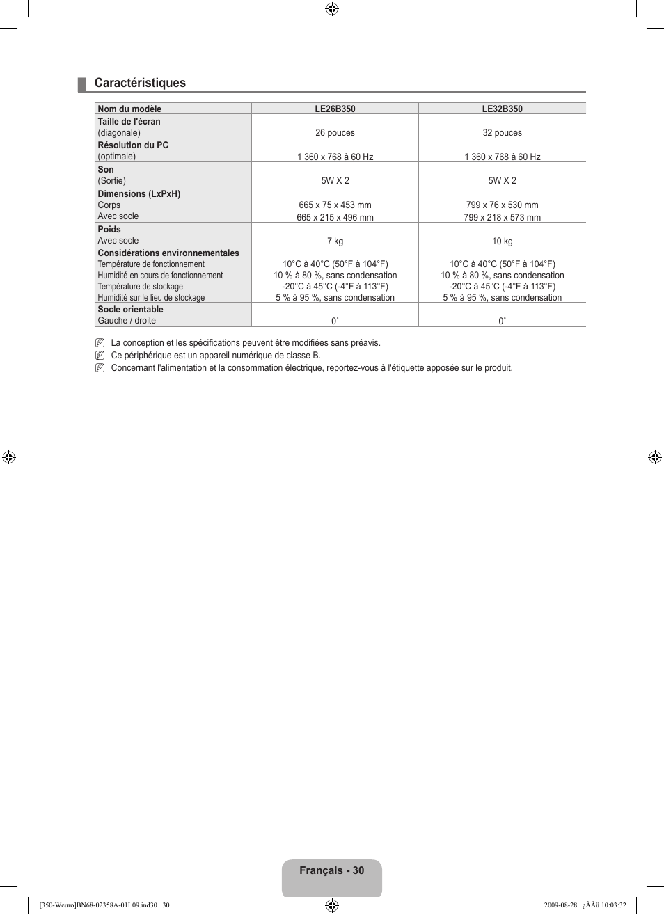 Caractéristiques | Samsung LE26B350F1W User Manual | Page 64 / 296