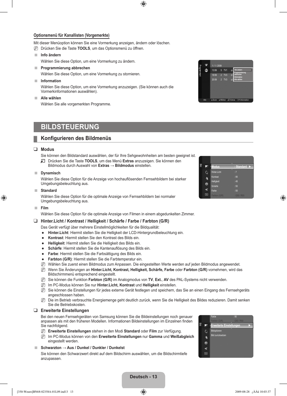 Bildsteuerung, Konfigurieren des bildmenüs, Modus | Erweiterte einstellungen | Samsung LE26B350F1W User Manual | Page 79 / 296
