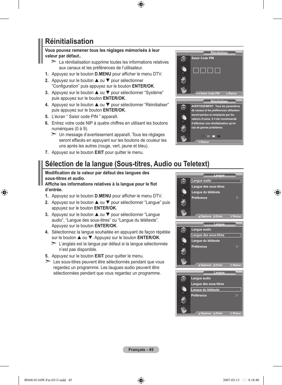 Réinitialisation | Samsung LE26R87BD User Manual | Page 103 / 451