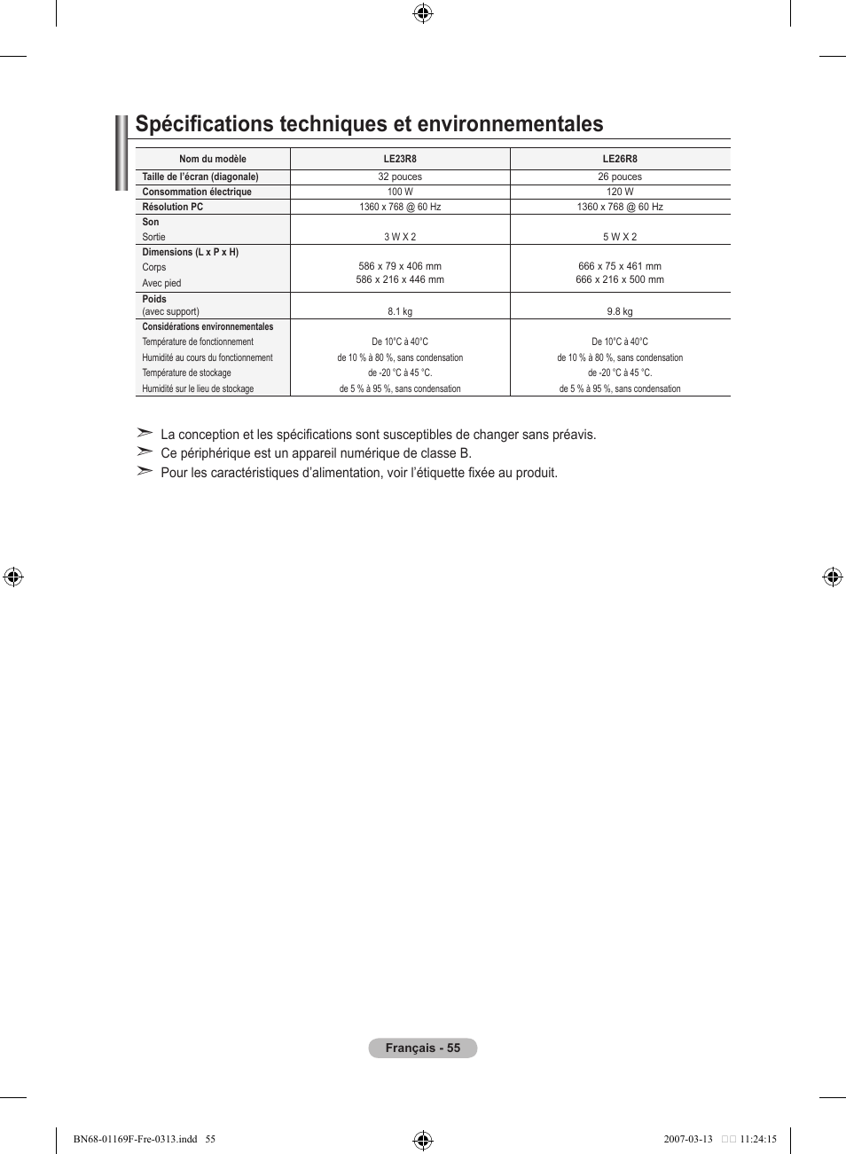 Spécifications techniques et environnementales | Samsung LE26R87BD User Manual | Page 113 / 451
