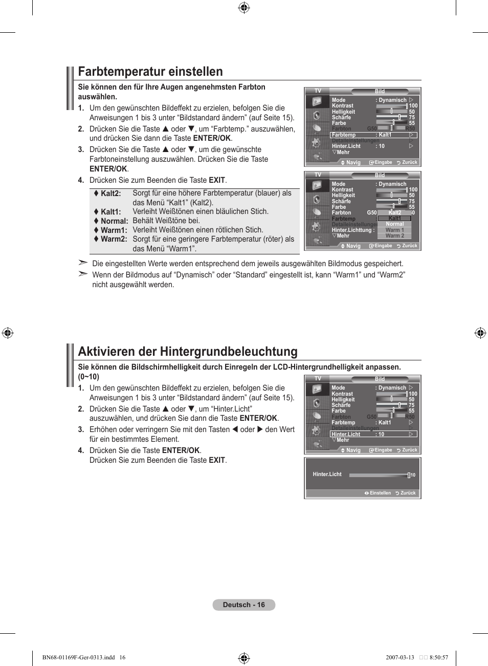 Farbtemperatur einstellen, Aktivieren der hintergrundbeleuchtung | Samsung LE26R87BD User Manual | Page 130 / 451