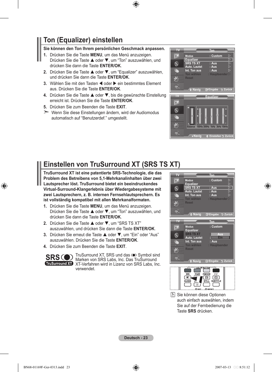 Ton (equalizer) einstellen, Einstellen von trusurround xt (srs ts xt) | Samsung LE26R87BD User Manual | Page 137 / 451
