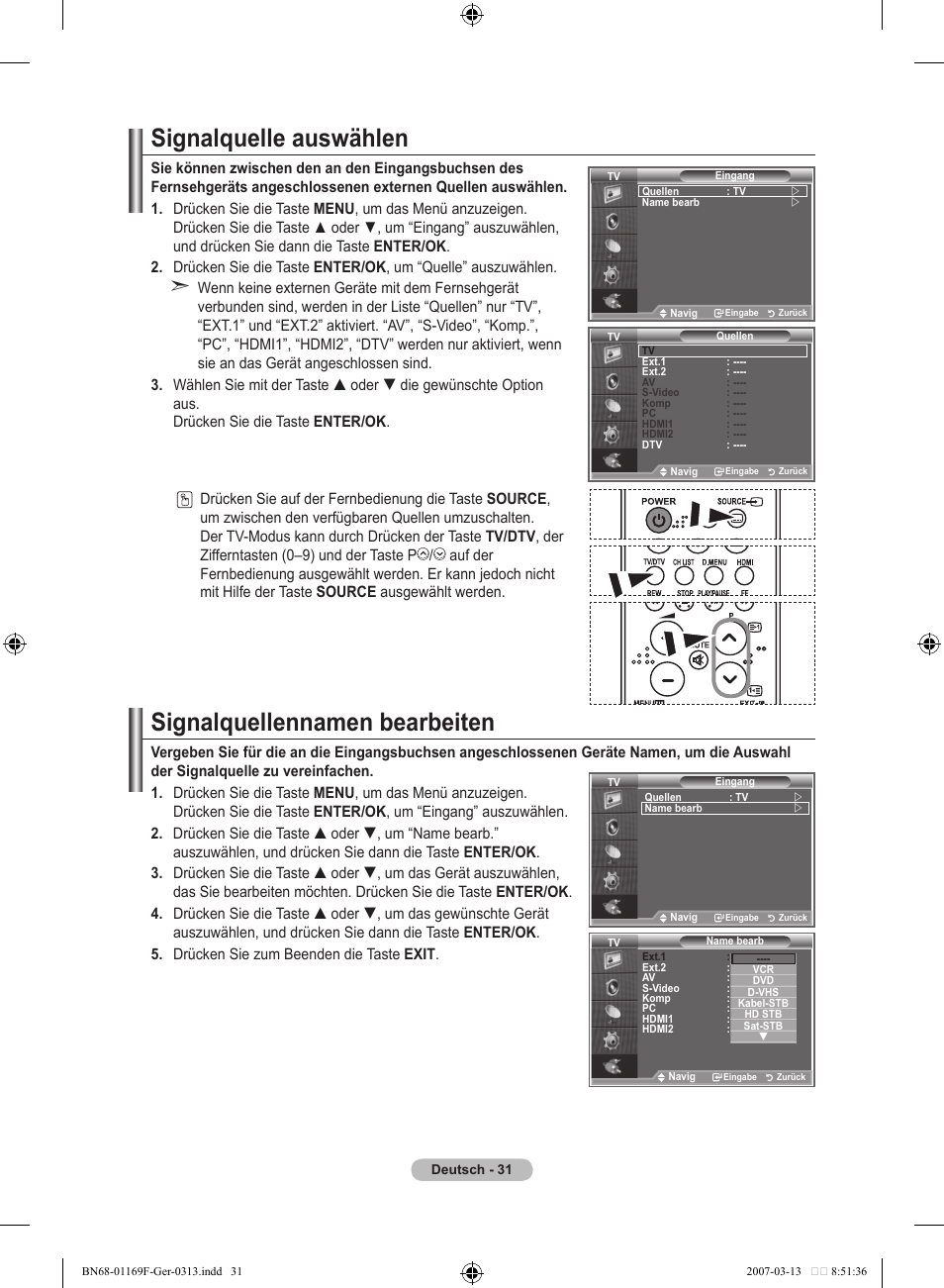 Signalquelle auswählen, Signalquellennamen bearbeiten | Samsung LE26R87BD User Manual | Page 145 / 451