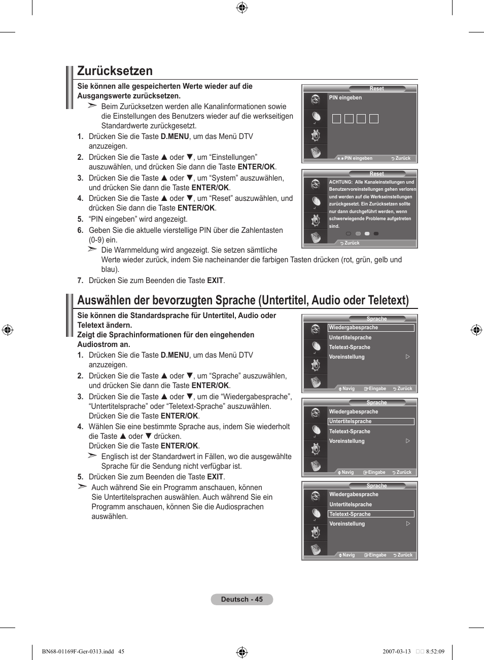 Zurücksetzen | Samsung LE26R87BD User Manual | Page 159 / 451