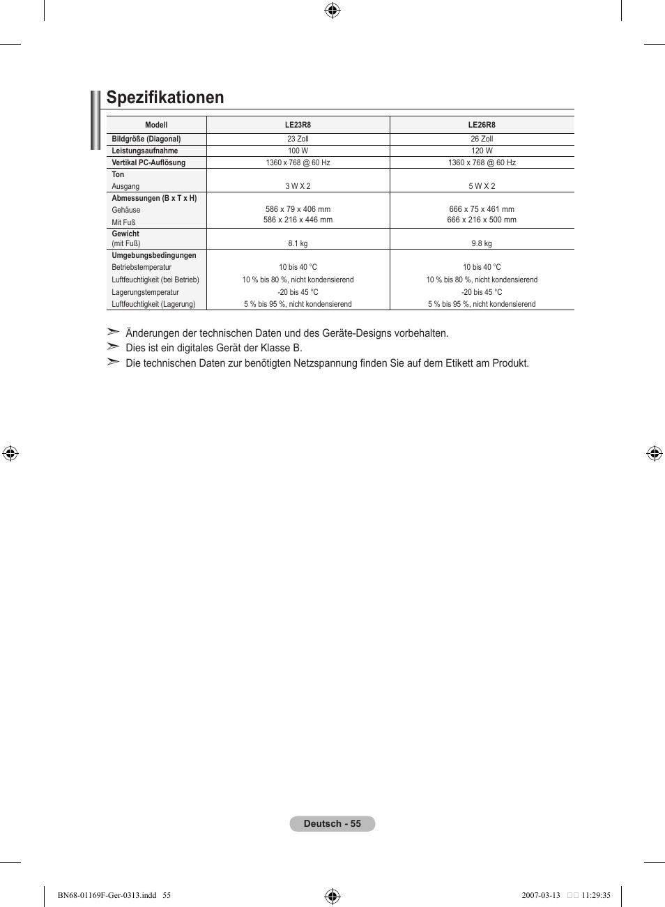 Spezifikationen | Samsung LE26R87BD User Manual | Page 169 / 451