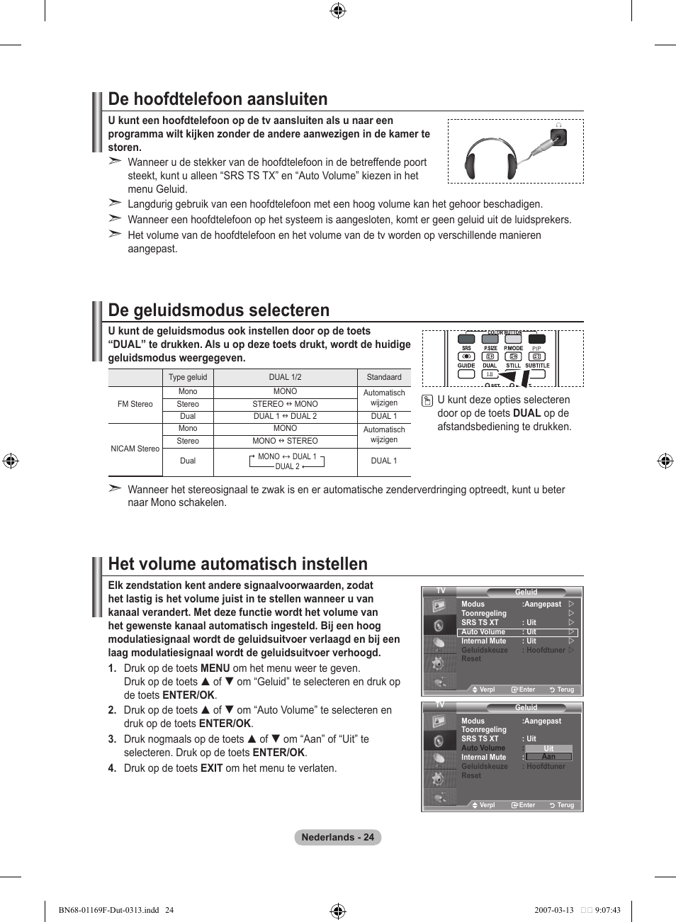 De hoofdtelefoon aansluiten, De geluidsmodus selecteren, Het volume automatisch instellen | Samsung LE26R87BD User Manual | Page 194 / 451