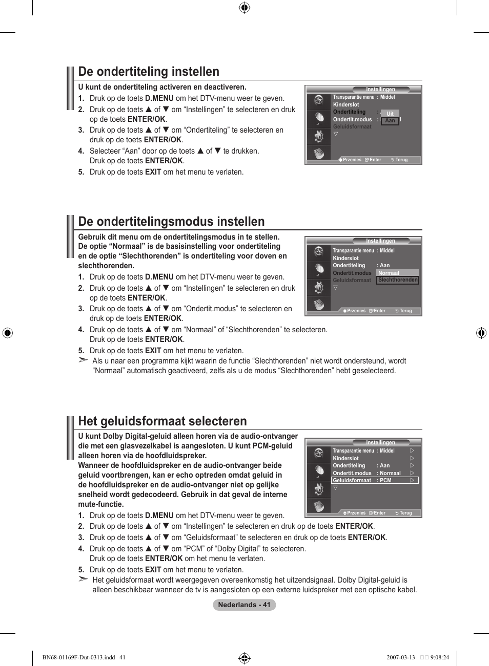 De ondertiteling instellen, De ondertitelingsmodus instellen, Het geluidsformaat selecteren | Samsung LE26R87BD User Manual | Page 211 / 451