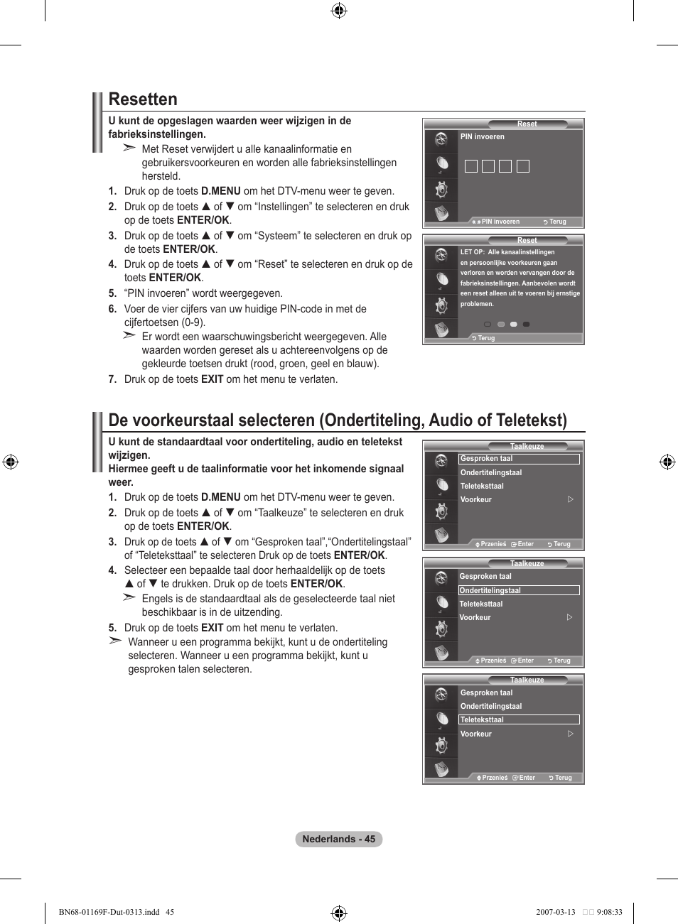 Resetten | Samsung LE26R87BD User Manual | Page 215 / 451