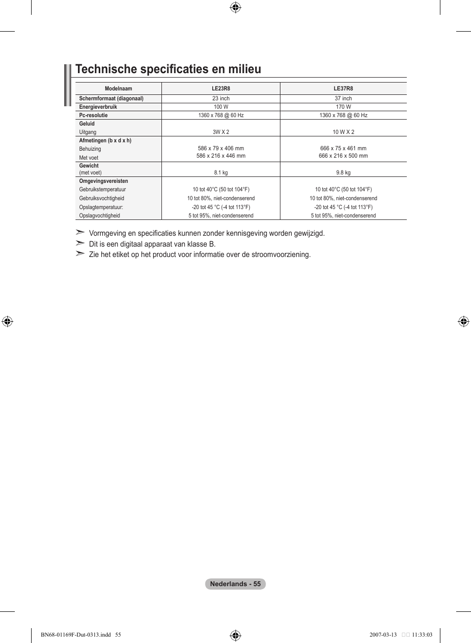 Technische specificaties en milieu | Samsung LE26R87BD User Manual | Page 225 / 451