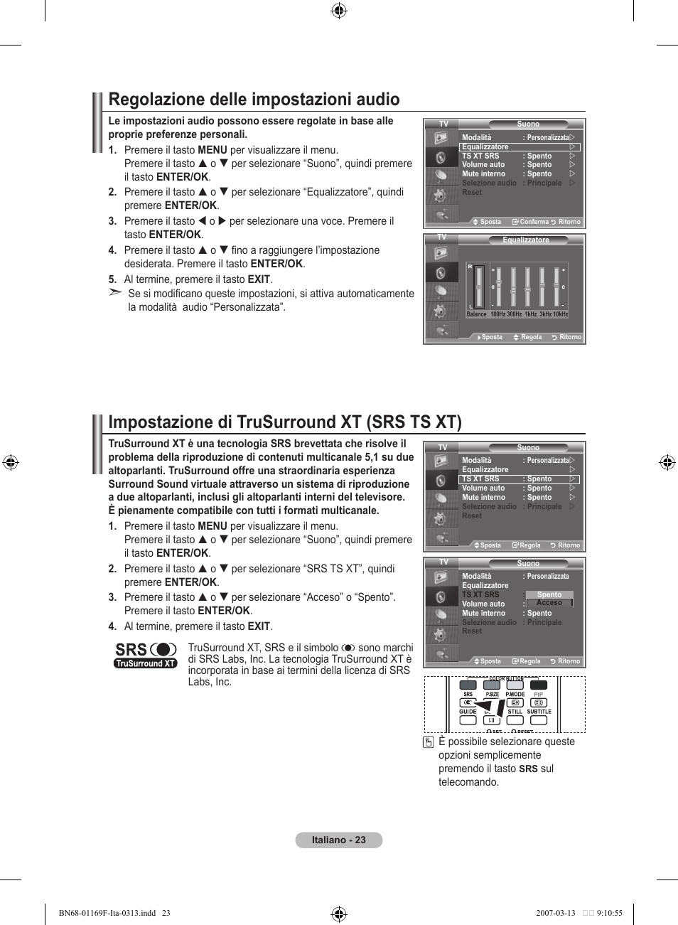 Regolazione delle impostazioni audio, Impostazione di trusurround xt (srs ts xt) | Samsung LE26R87BD User Manual | Page 249 / 451