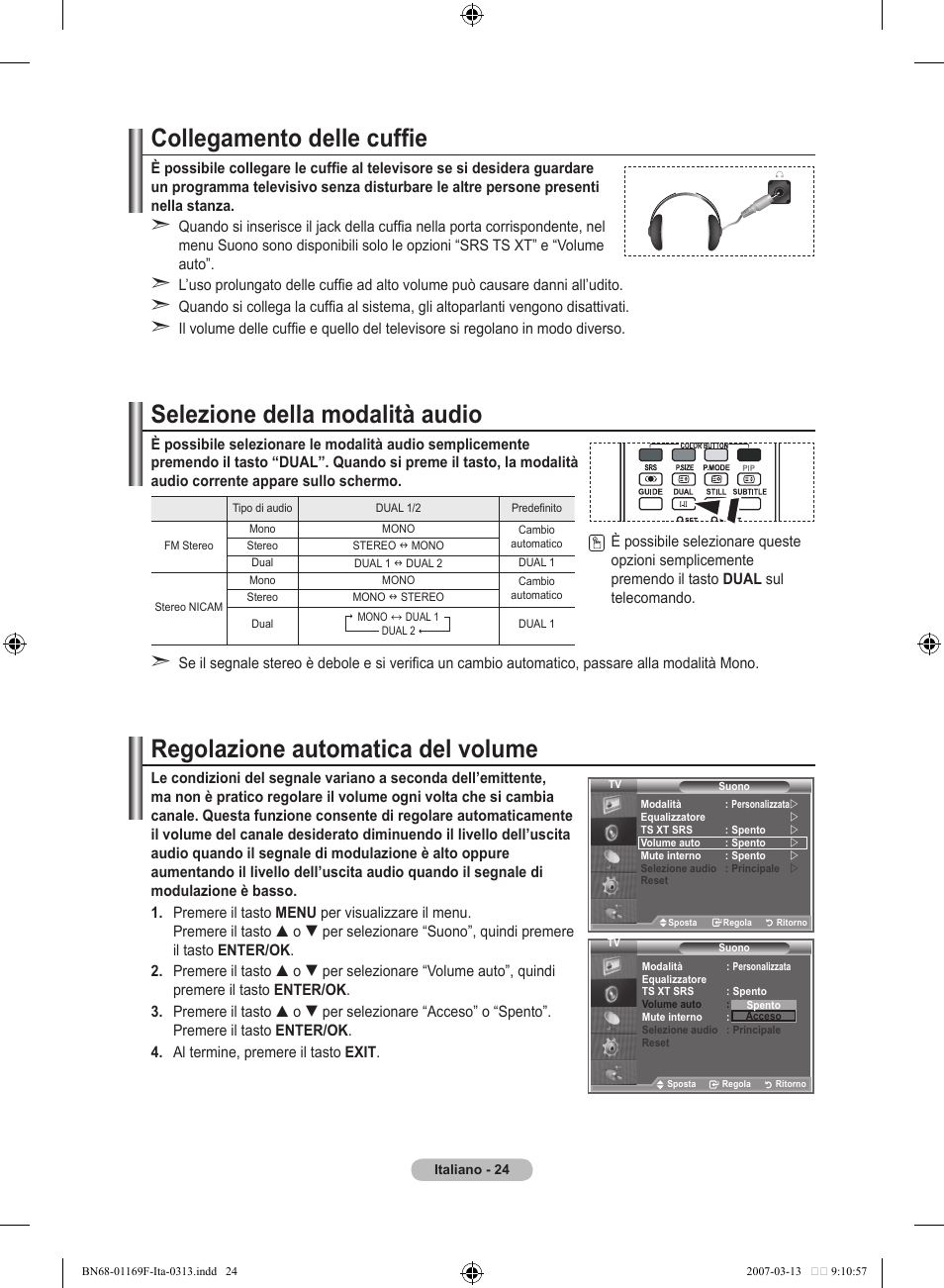 Collegamento delle cuffie, Selezione della modalità audio, Regolazione automatica del volume | Samsung LE26R87BD User Manual | Page 250 / 451