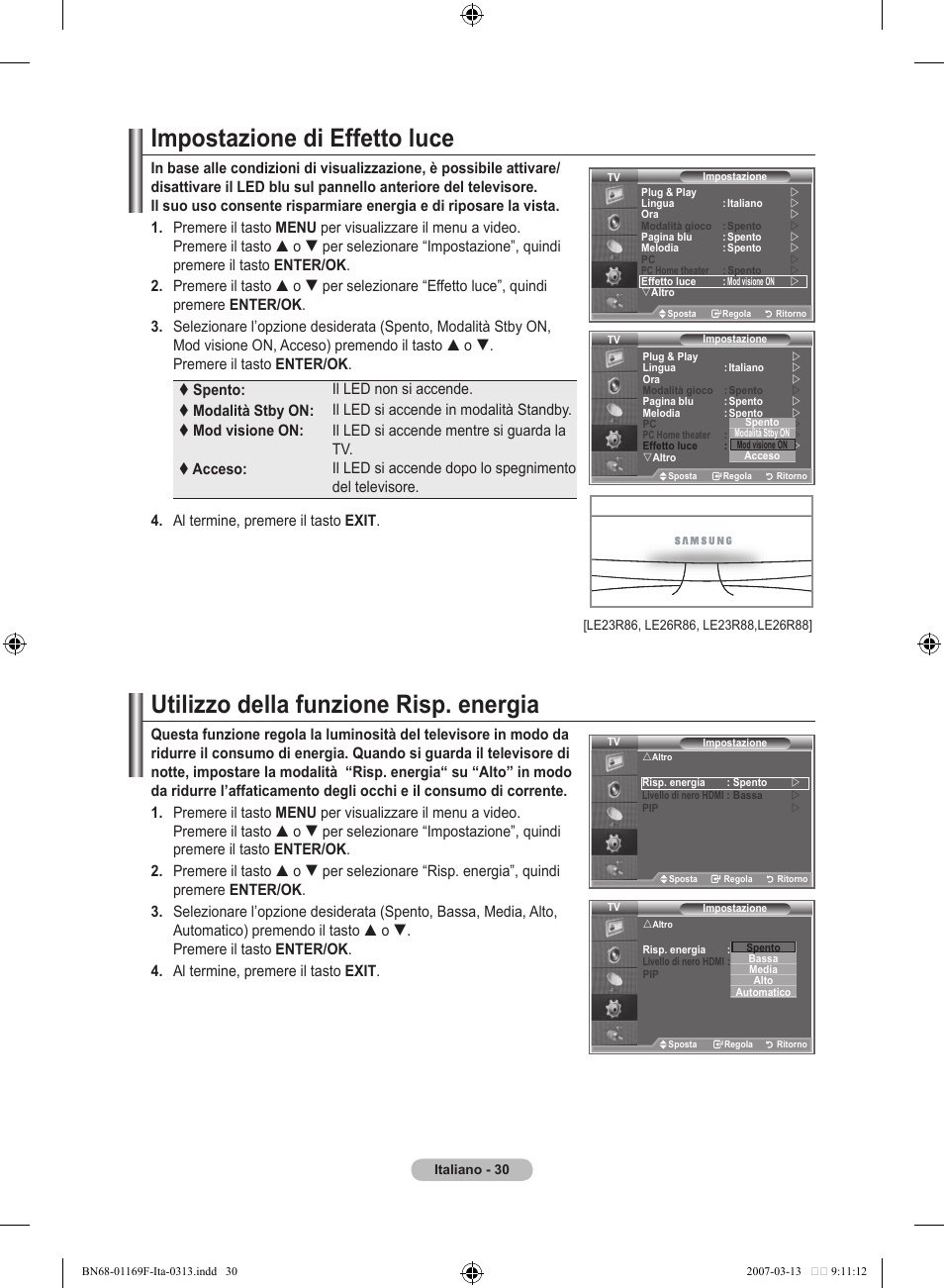 Impostazione di effetto luce, Utilizzo della funzione risp. energia | Samsung LE26R87BD User Manual | Page 256 / 451