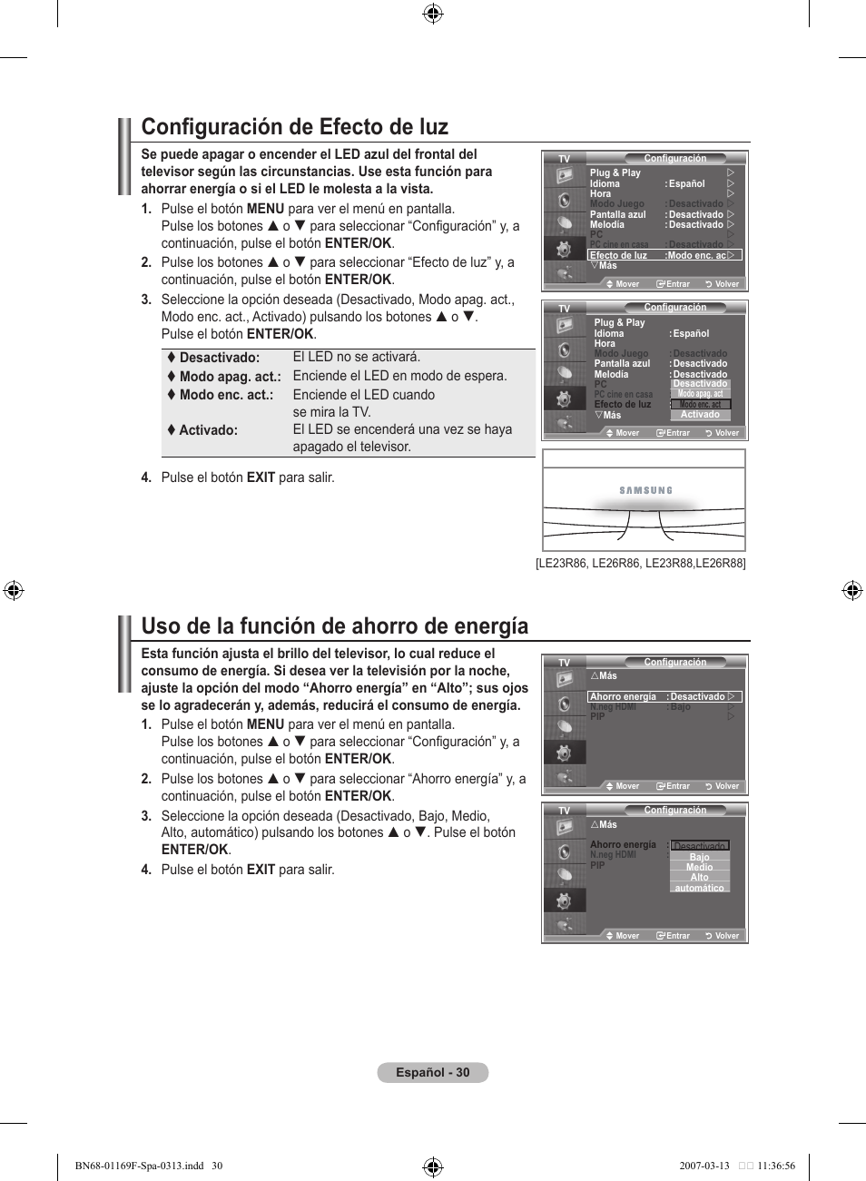 Configuración de efecto de luz, Uso de la función de ahorro de energía | Samsung LE26R87BD User Manual | Page 313 / 451