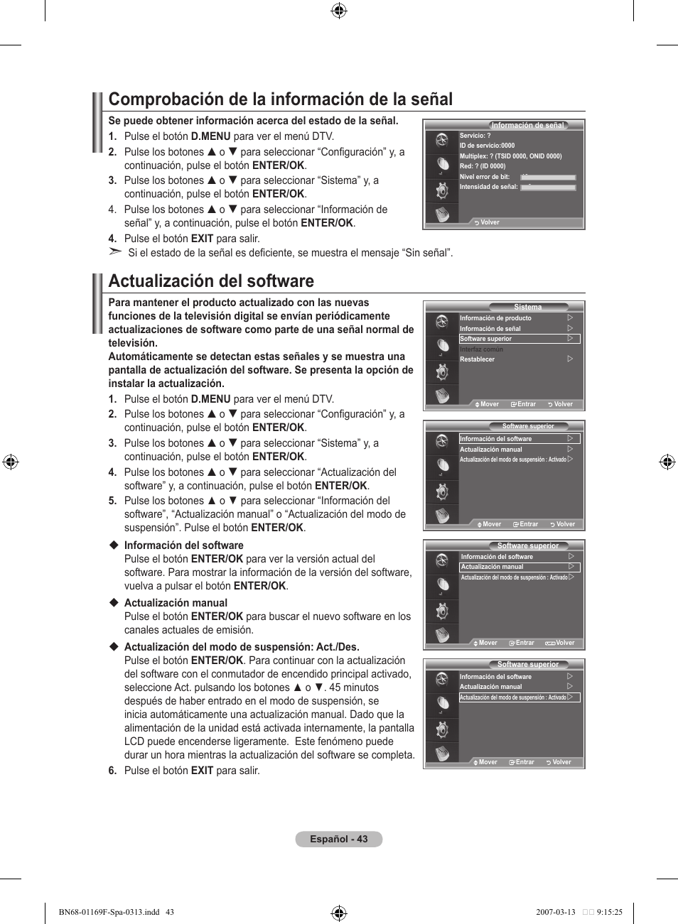 Comprobación de la información de la señal, Actualización del software | Samsung LE26R87BD User Manual | Page 326 / 451