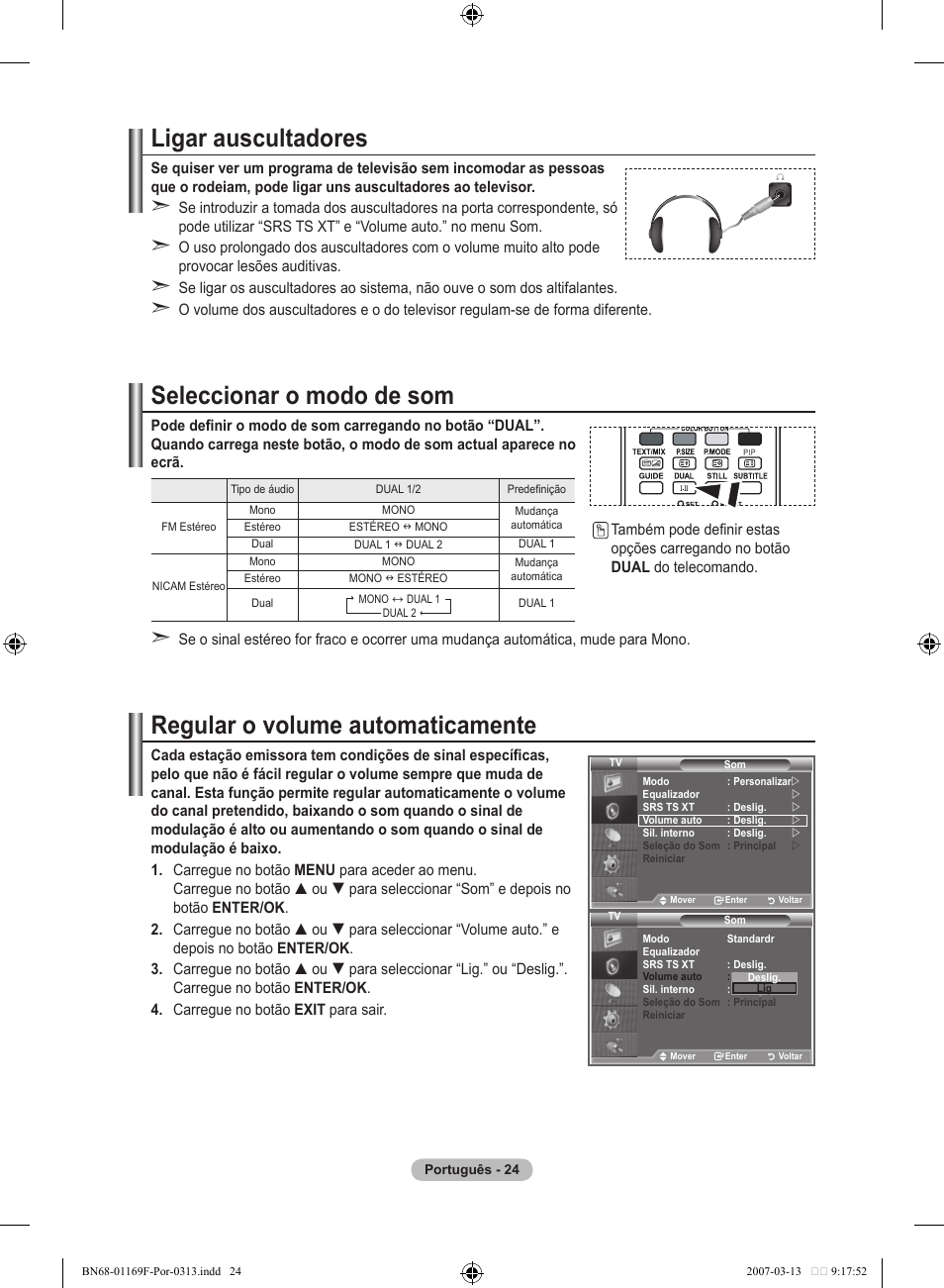 Ligar auscultadores, Seleccionar o modo de som, Regular o volume automaticamente | Samsung LE26R87BD User Manual | Page 363 / 451