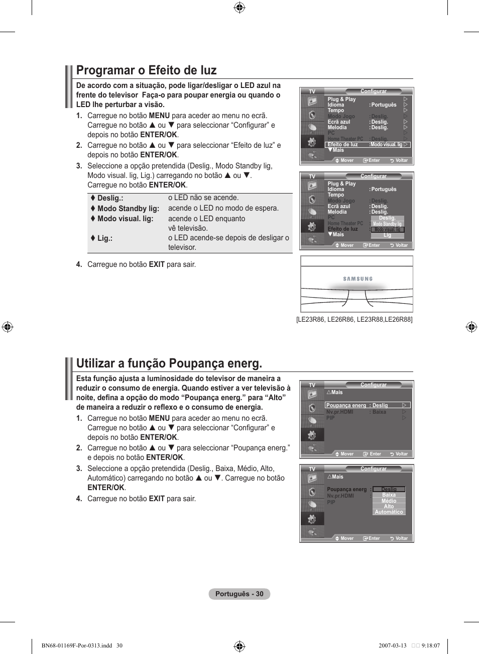 Programar o efeito de luz, Utilizar a função poupança energ | Samsung LE26R87BD User Manual | Page 369 / 451