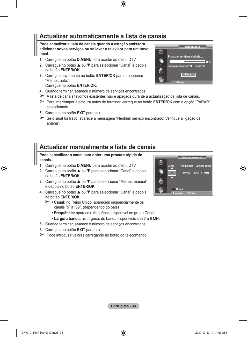 Actualizar automaticamente a lista de canais, Actualizar manualmente a lista de canais | Samsung LE26R87BD User Manual | Page 372 / 451