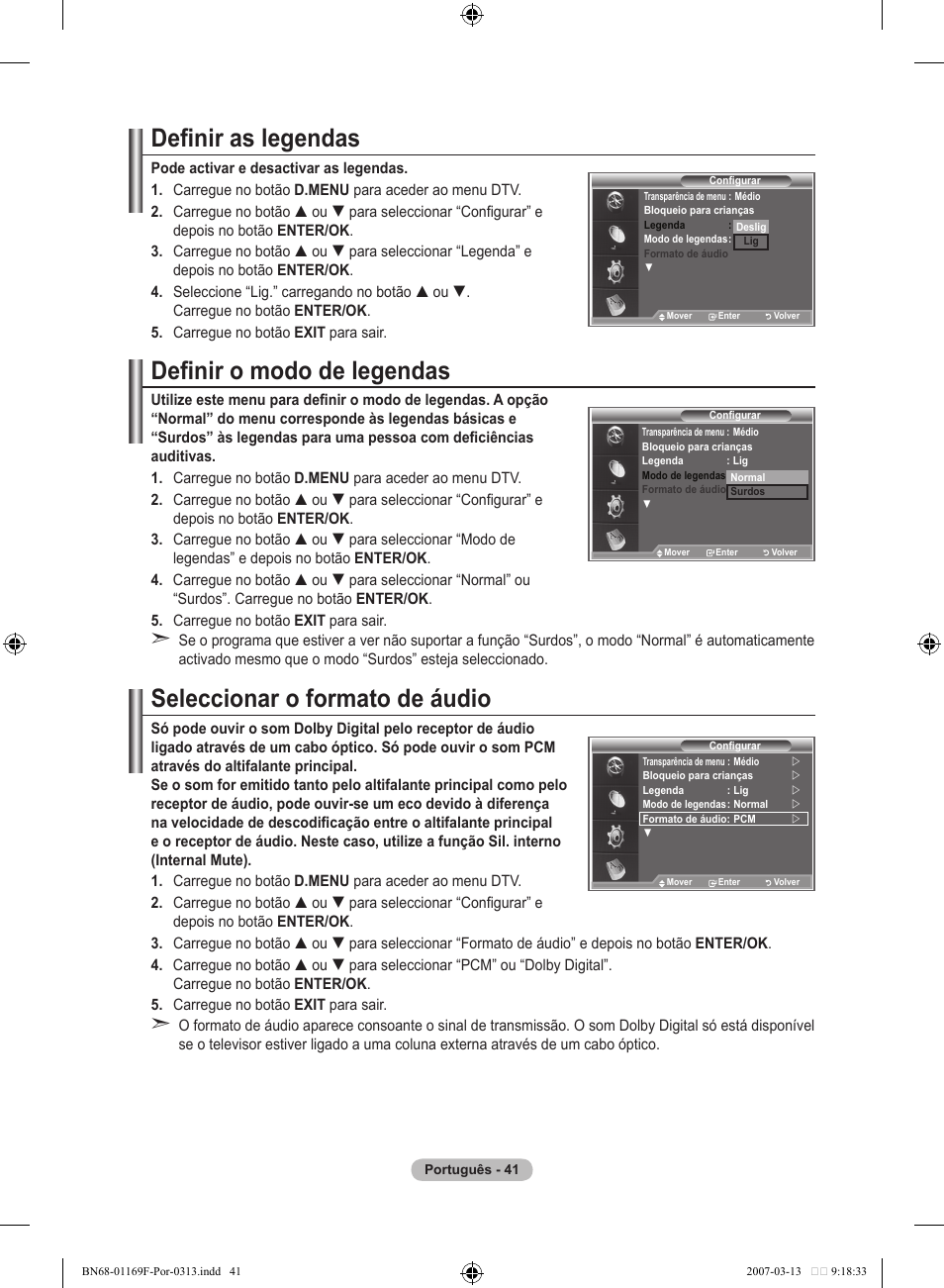 Definir as legendas, Definir o modo de legendas, Seleccionar o formato de áudio | Samsung LE26R87BD User Manual | Page 380 / 451