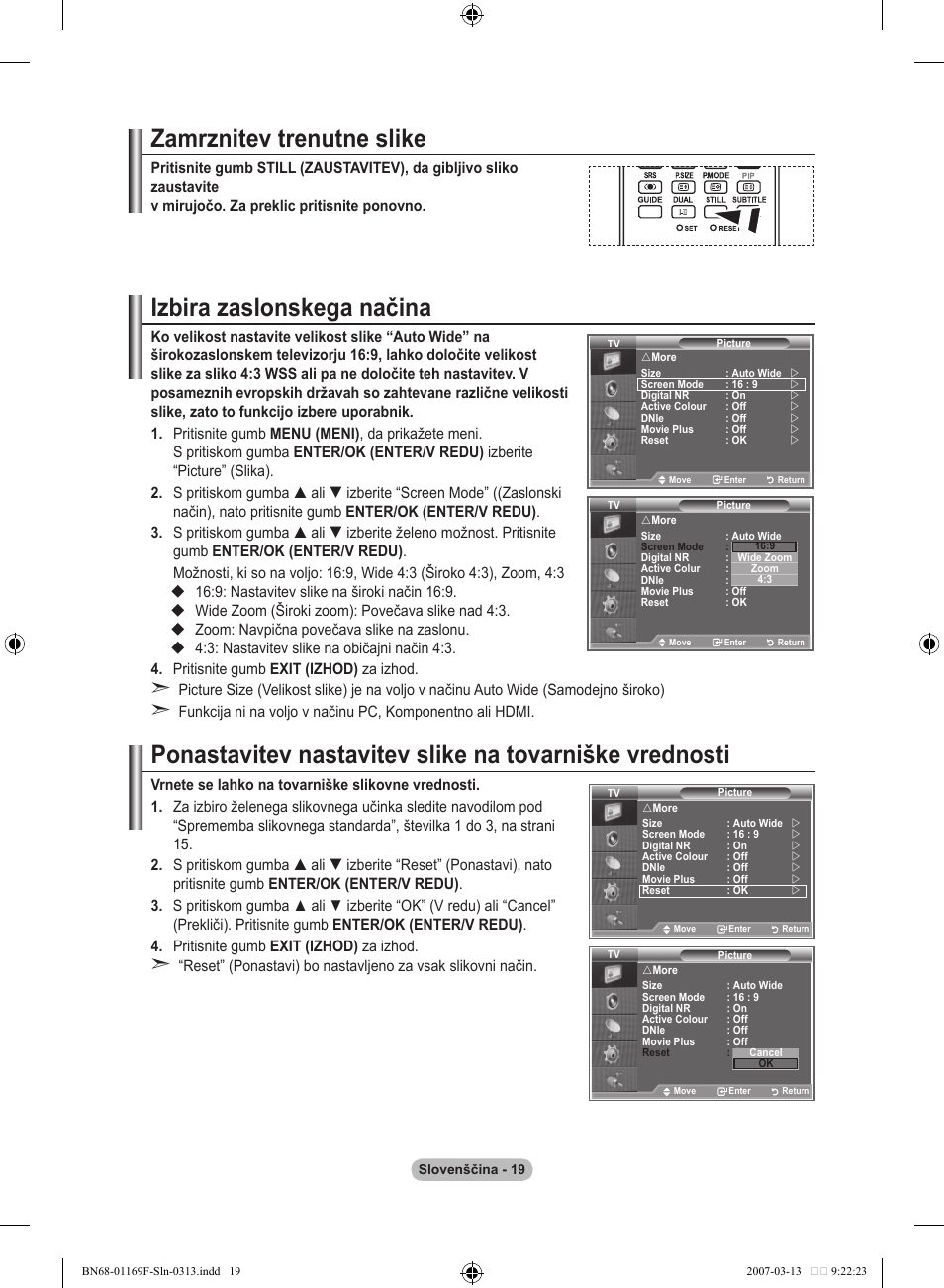 Zamrznitev trenutne slike, Izbira zaslonskega načina | Samsung LE26R87BD User Manual | Page 414 / 451