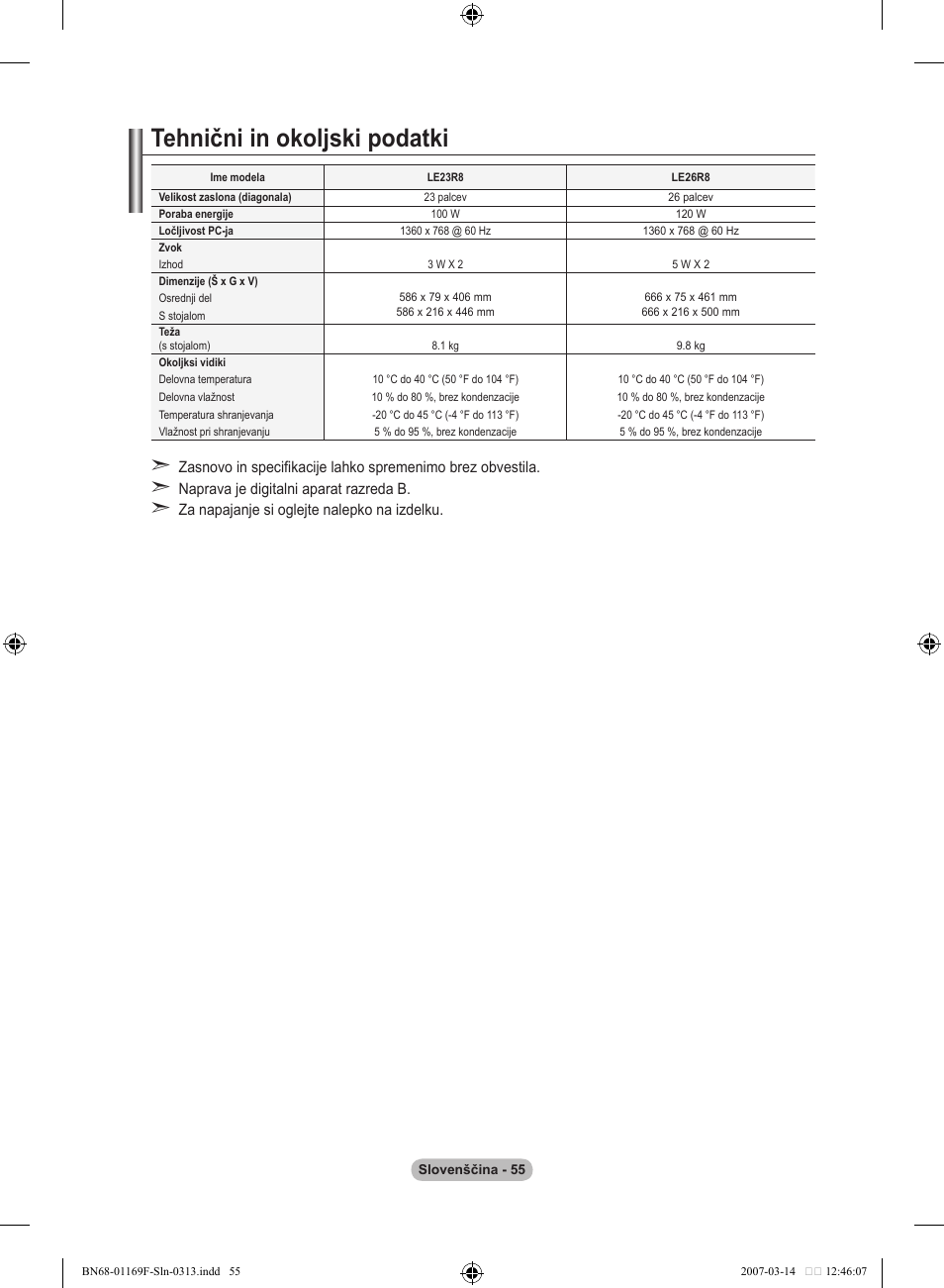 Tehnični in okoljski podatki | Samsung LE26R87BD User Manual | Page 450 / 451