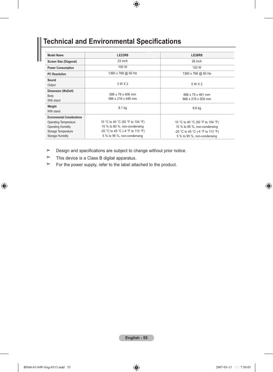 Technical and environmental specifications | Samsung LE26R87BD User Manual | Page 57 / 451