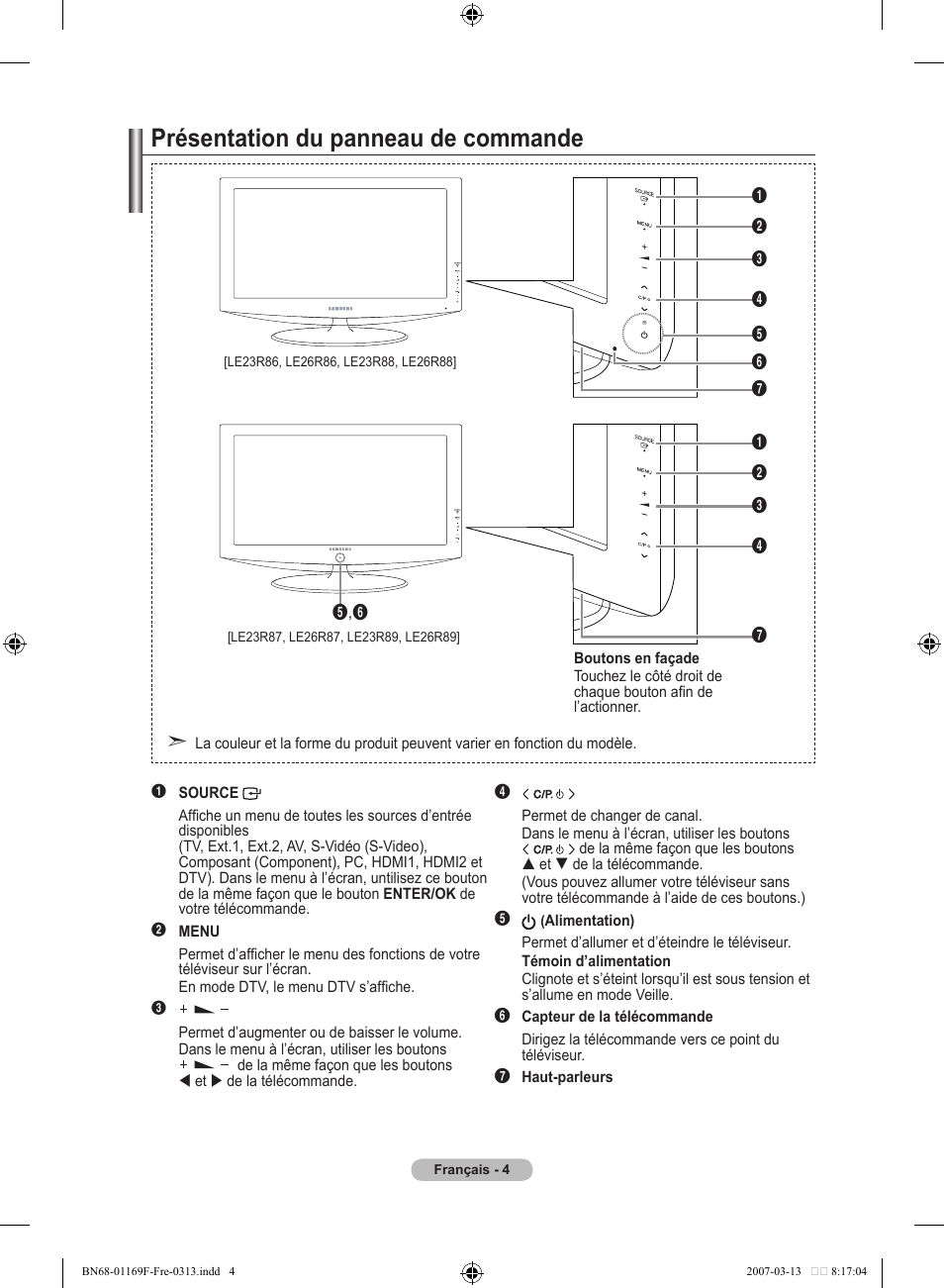 Présentation du panneau de commande | Samsung LE26R87BD User Manual | Page 62 / 451