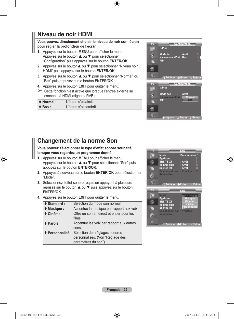 Niveau de noir hdmi, Changement de la norme son | Samsung LE26R87BD User Manual | Page 80 / 451