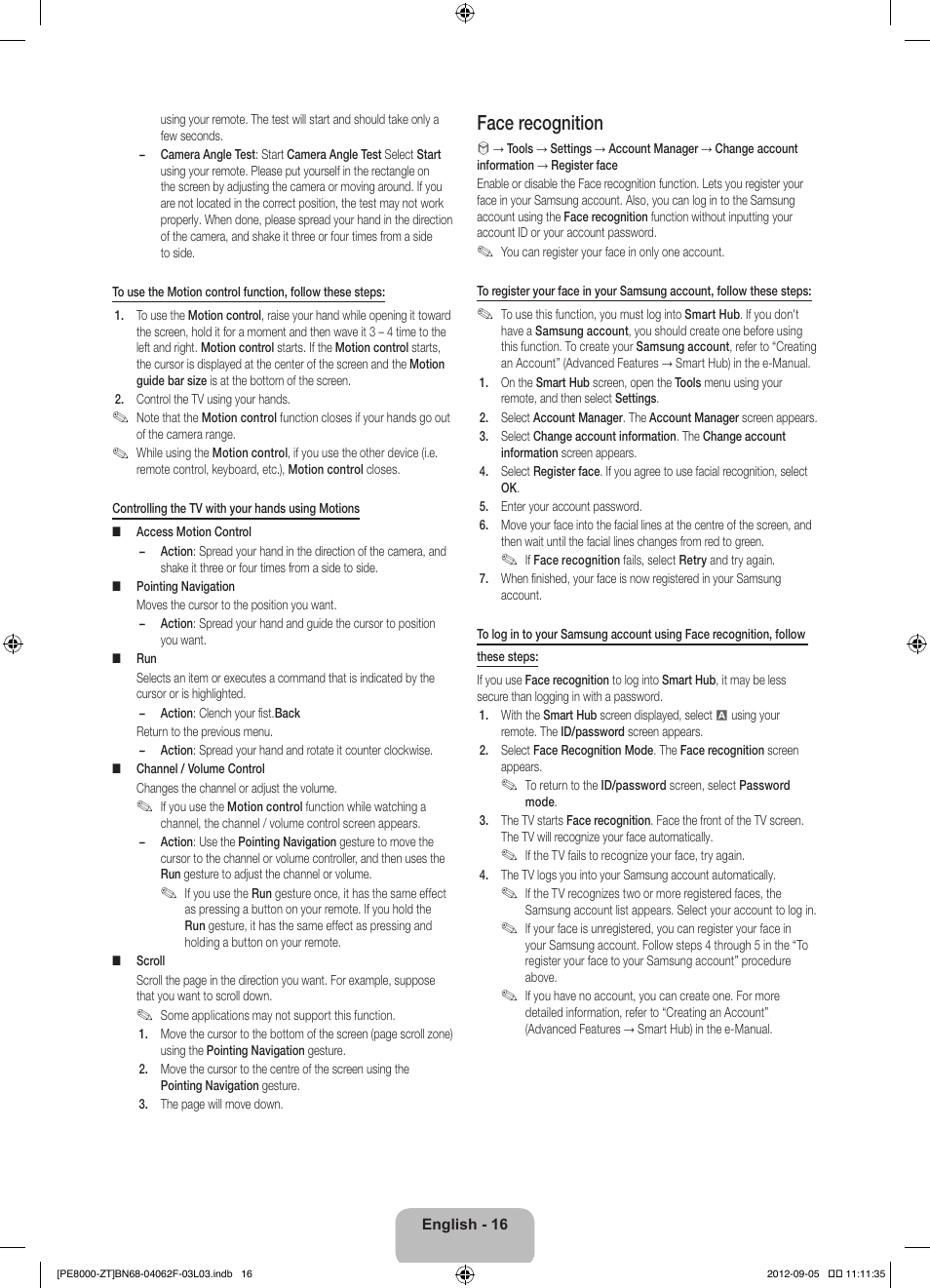 Face recognition | Samsung PS64E8000GQ User Manual | Page 16 / 71