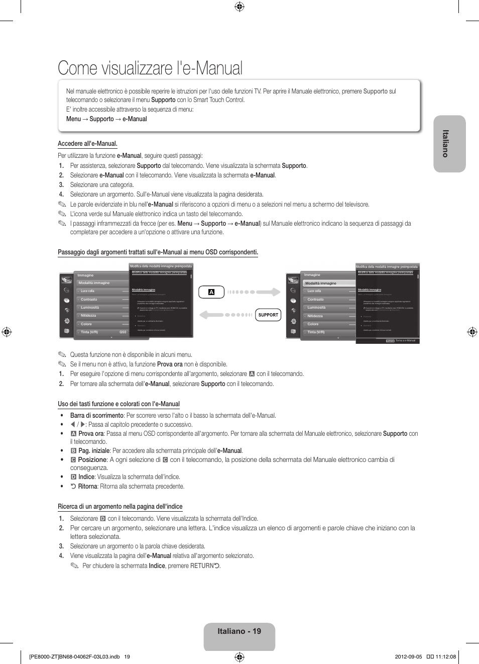 Come visualizzare l'e-manual, Italiano, Italiano - 19 | Questa funzione non è disponibile in alcuni menu, Per chiudere la schermata indice, premere returnr | Samsung PS64E8000GQ User Manual | Page 42 / 71