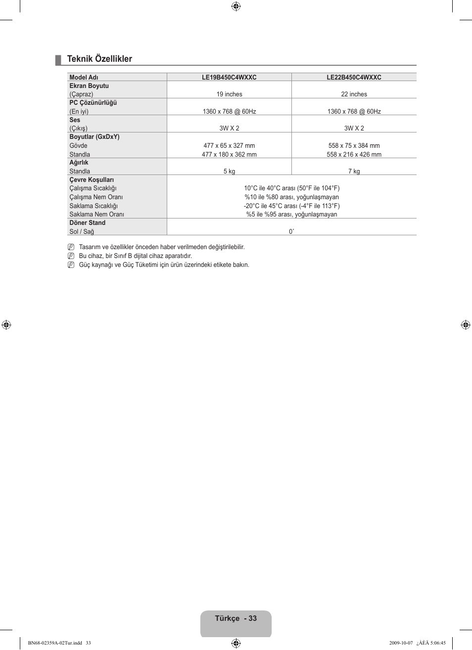 Teknik özellikler | Samsung LE19B541C4W User Manual | Page 309 / 318