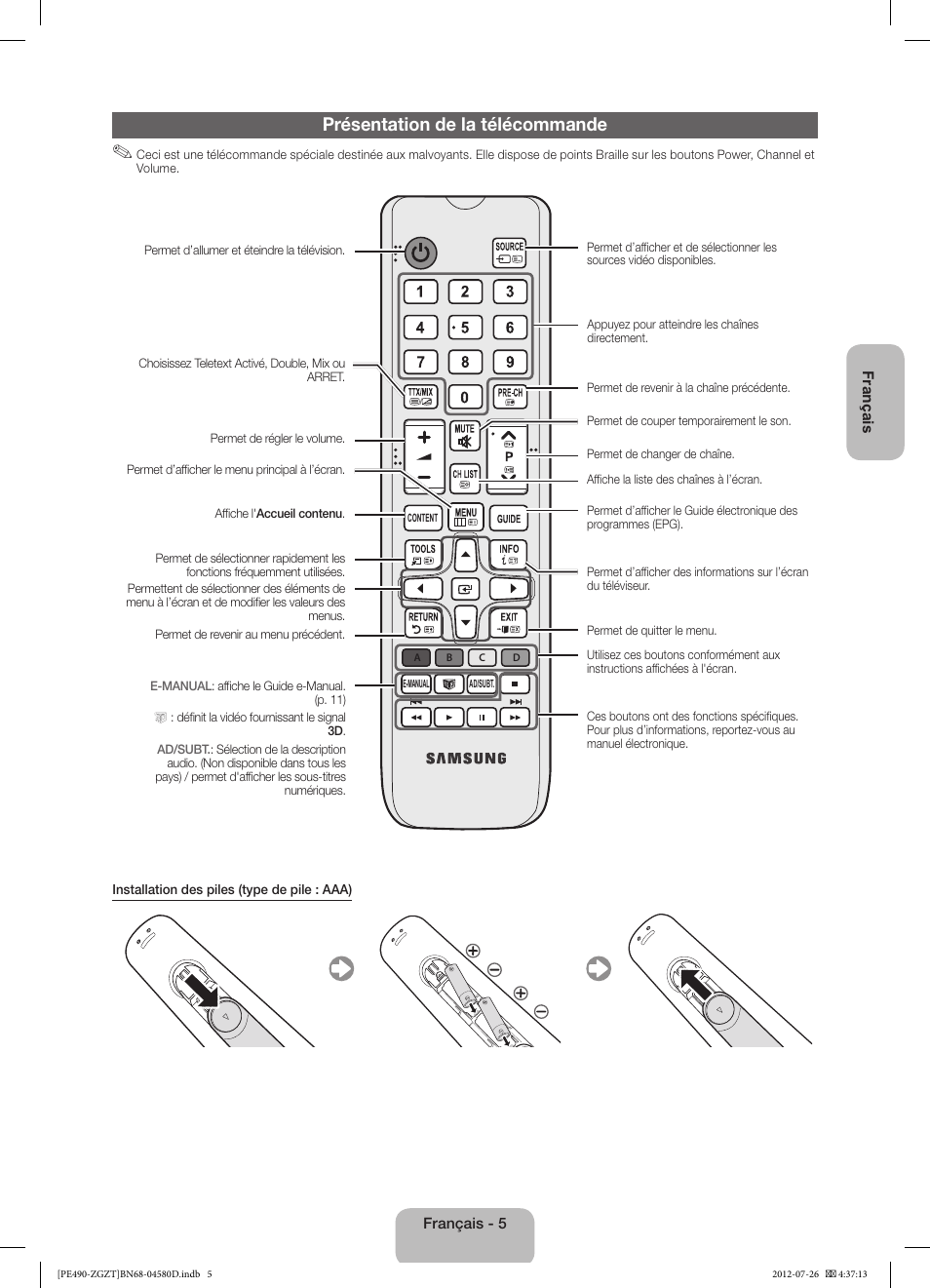 Présentation de la télécommande | Samsung PS43E490B1W User Manual | Page 33 / 59