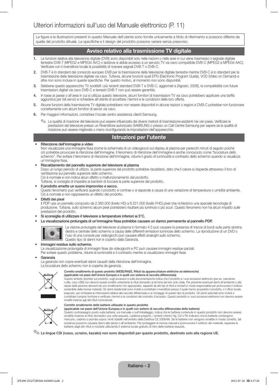 Avviso relativo alla trasmissione tv digitale, Istruzioni per l'utente | Samsung PS43E490B1W User Manual | Page 44 / 59
