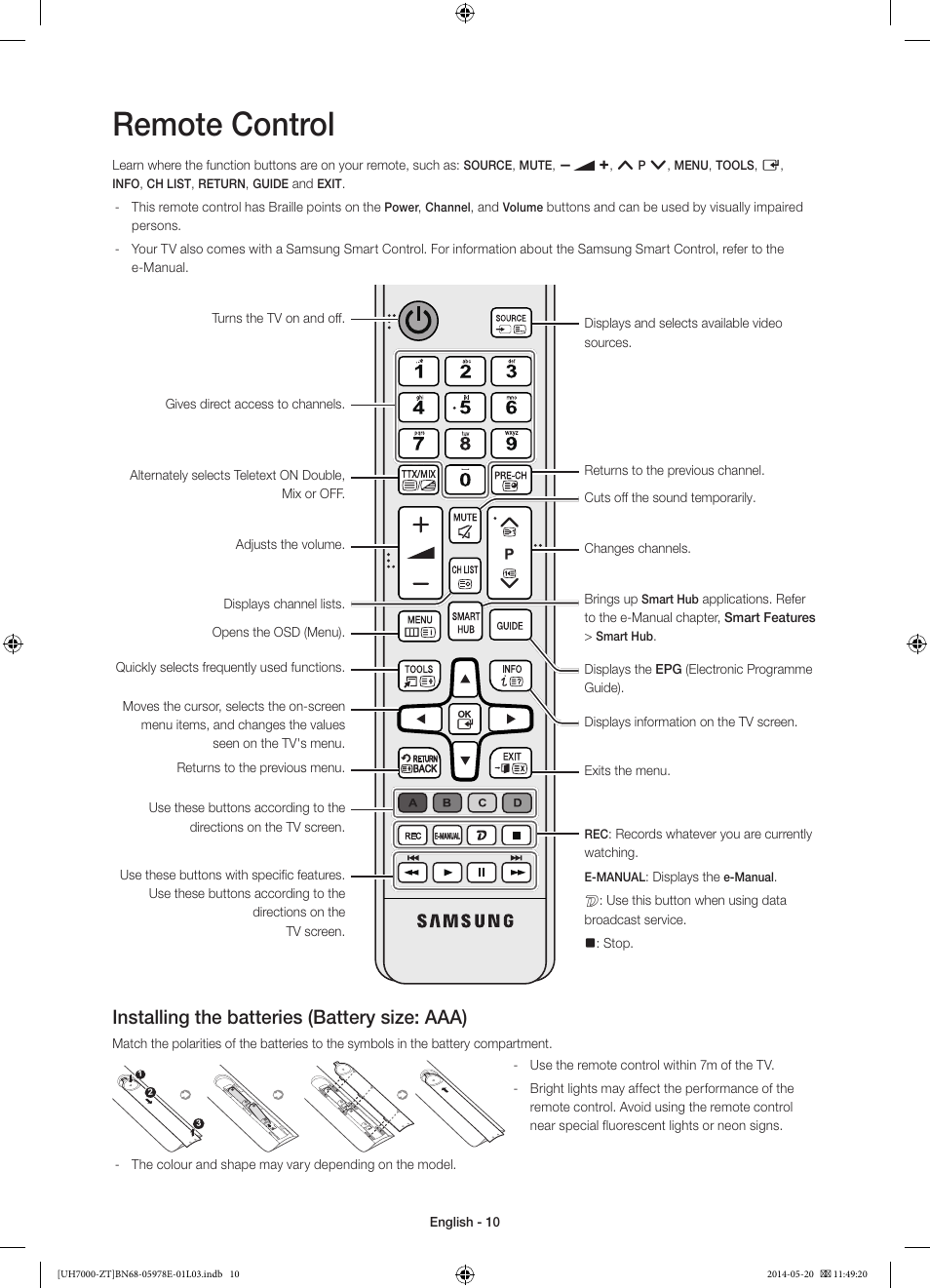Remote control, Installing the batteries (battery size: aaa) | Samsung UE46H7000SZ User Manual | Page 10 / 69