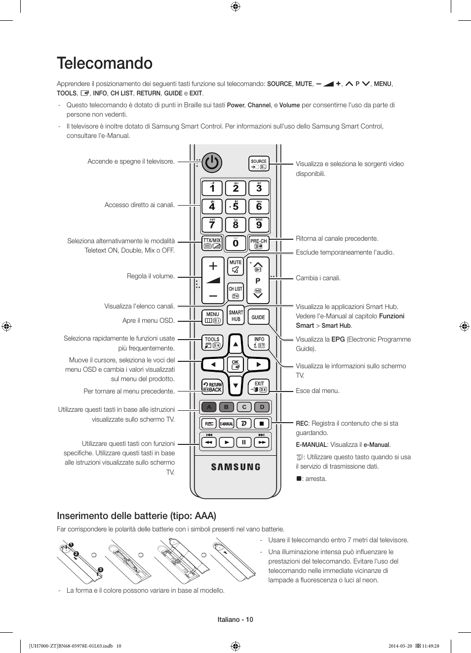 Telecomando, Inserimento delle batterie (tipo: aaa) | Samsung UE46H7000SZ User Manual | Page 32 / 69