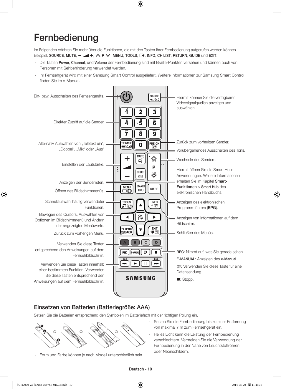 Fernbedienung, Einsetzen von batterien (batteriegröße: aaa) | Samsung UE46H7000SZ User Manual | Page 56 / 69